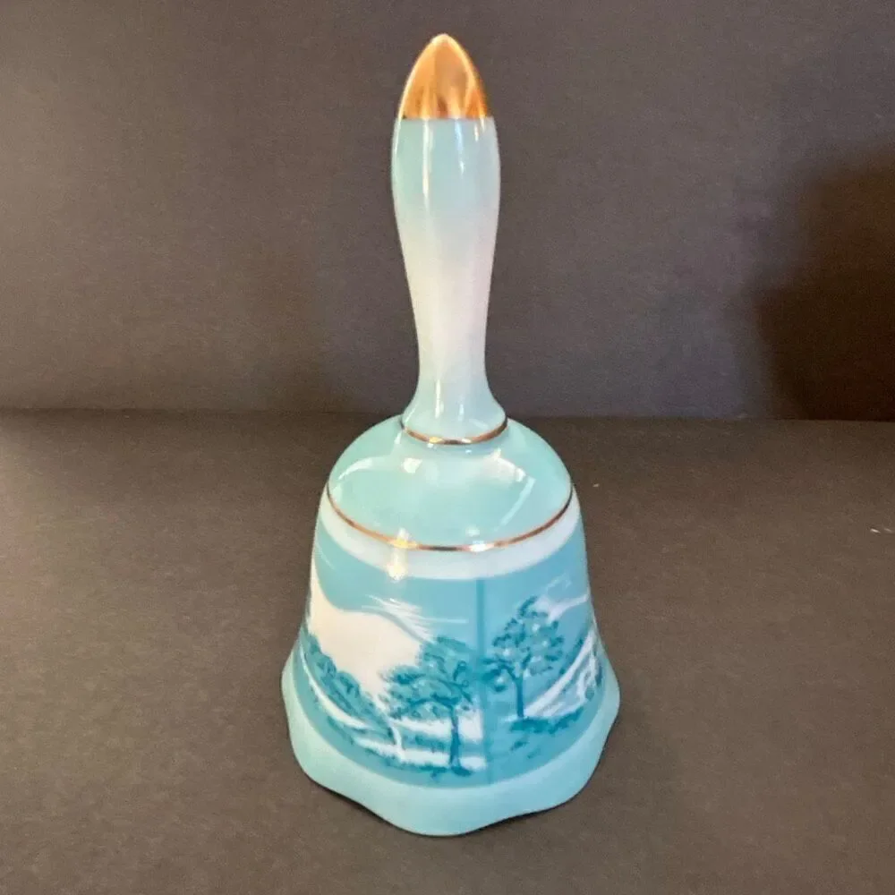 Vtg Porcelain Bell Blue Gold Stamped JAPAN Country Home Scene Orchard Scalloped